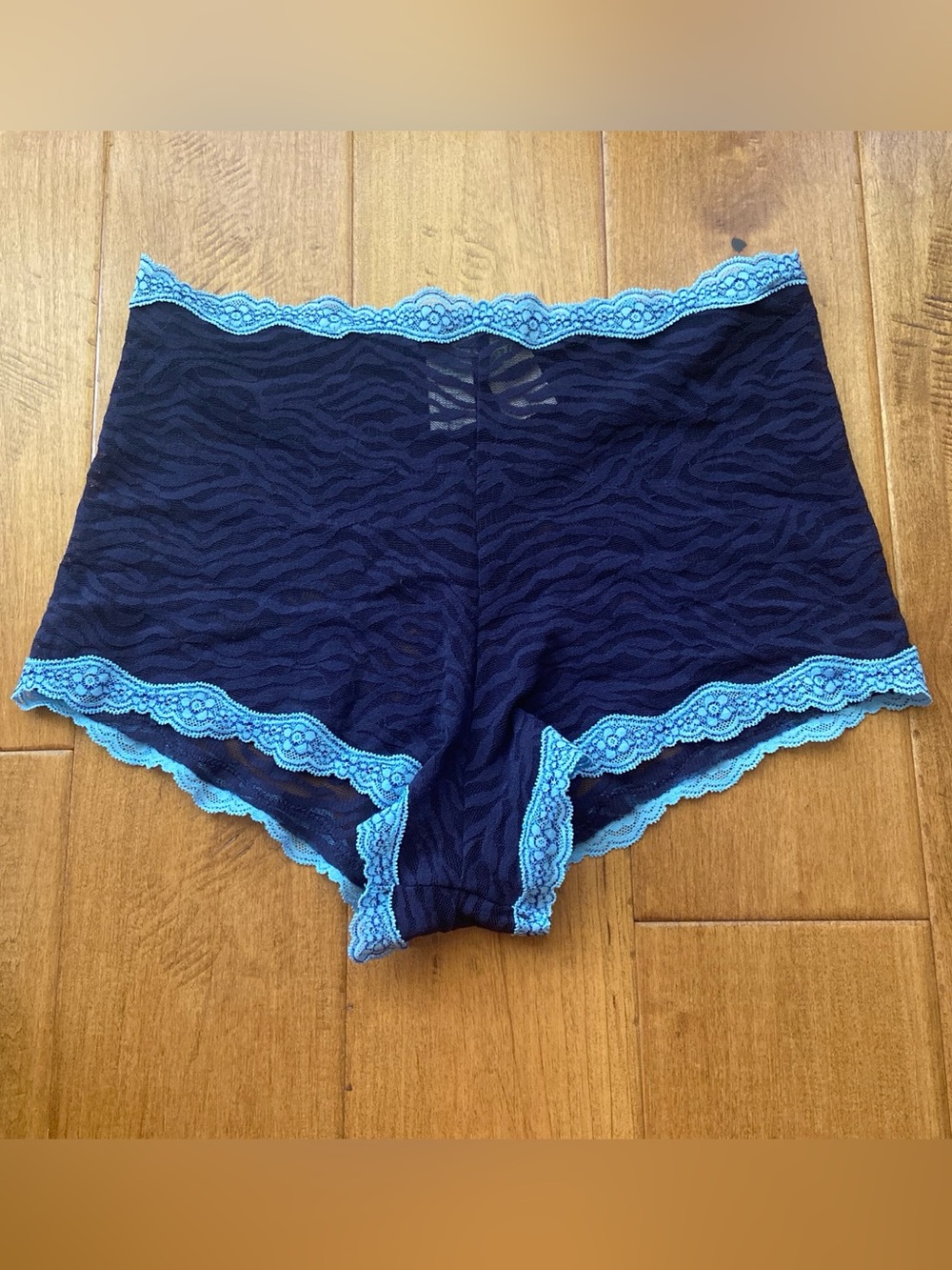 New With Tags navy blue zebra print lace boyshorts with light blue lace trim